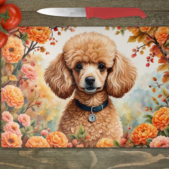 Apricot Poodle Dog Fall Kitchen Textured Tempered Glass Trivet/Cutting Board - Picture 1 of 2